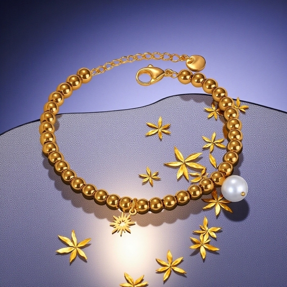 ๐๏ธ18K Gold Plated Stainless Steel Beaded Bracelet with Sun & Pearl Charms โจ - Picture 5 of 14